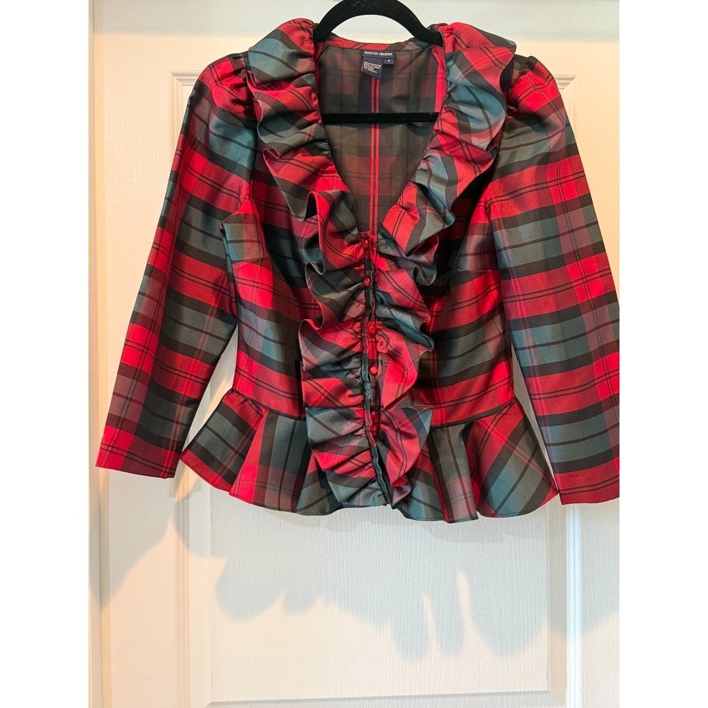 Boston Proper Women Peplum Cardigan 8 Red Green Plaid Ruffles Festive Holidays
